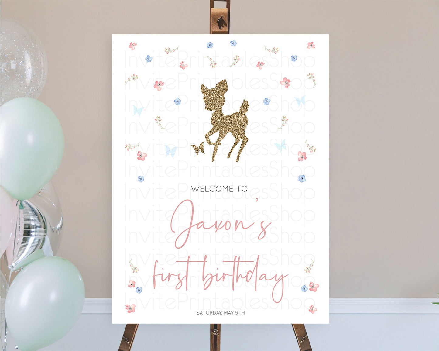 Fawn Welcome Sign Deer Welcome Board Floral Deer Welcome Poster Enchanted Forest Butterfly Pastel Floral First Birthday Welcome Sign D10359