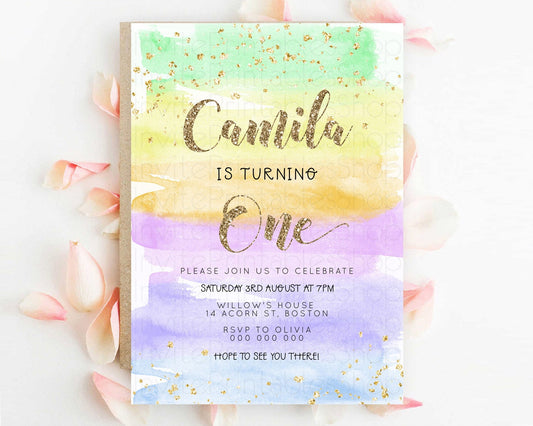 Editable Rainbow Birthday Invitation Colorful Pastel Watercolor Invitation G