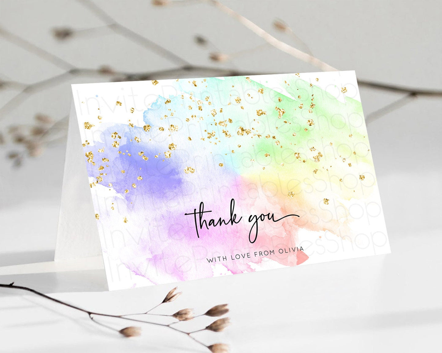 Pastel Thank You Rainbow Thank You Card Colorful Pastel Birthday Thank You Card Confetti Watercolor Pastel Teacher Thank You Cards D10316