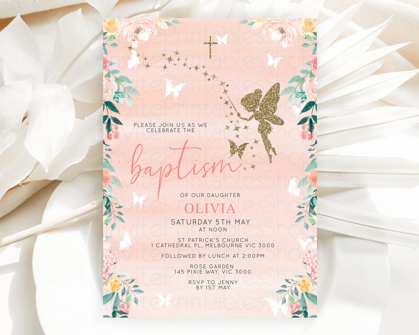 Fairy Baptism Invitation Fairy Baptism 1st Birthday Invitation Enchanted Secret Garden Christening Invite Pastel Floral Butterfly D10792