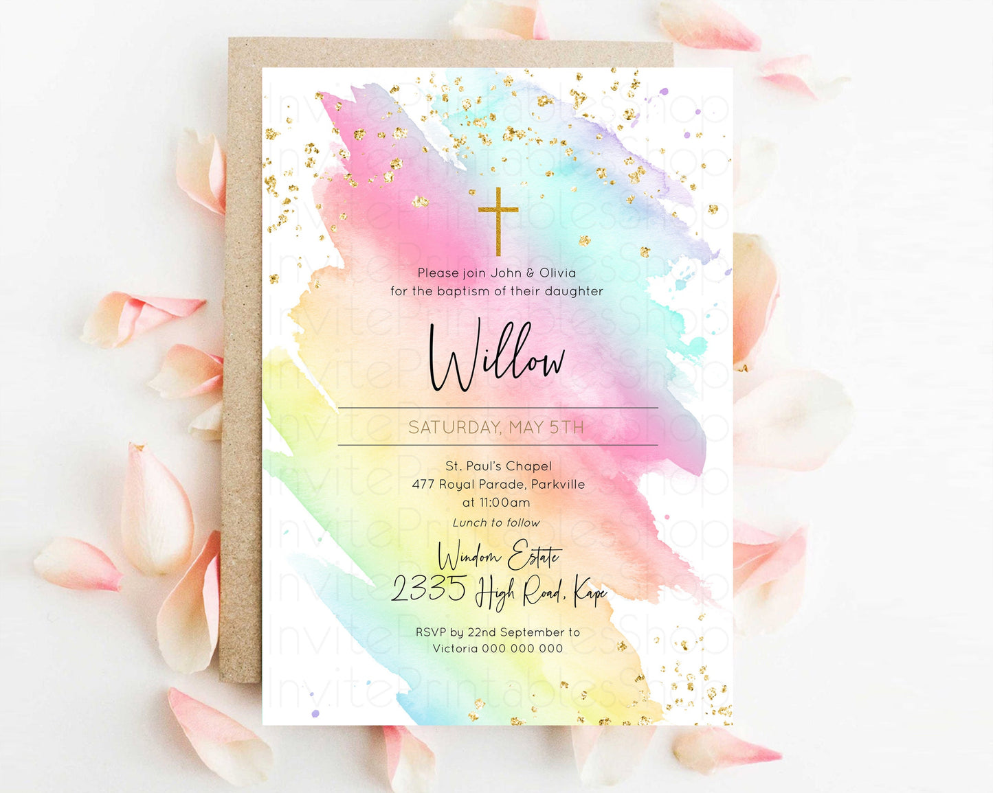 Pastel Baptism Invitation Rainbow Christening Invitation Holy Communion Invite Baptism 1st Birthday Sprinkles Ombre Watercolor Splash