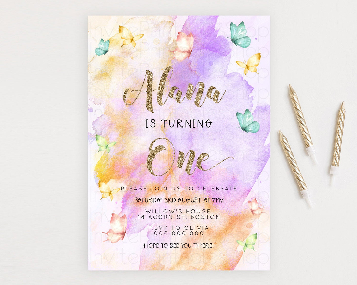 Pastel Butterfly Birthday Invitation Butterfly Birthday Invitation Colorful Splash Glitter Butterfly Garden 1st 2nd Birthday D23253