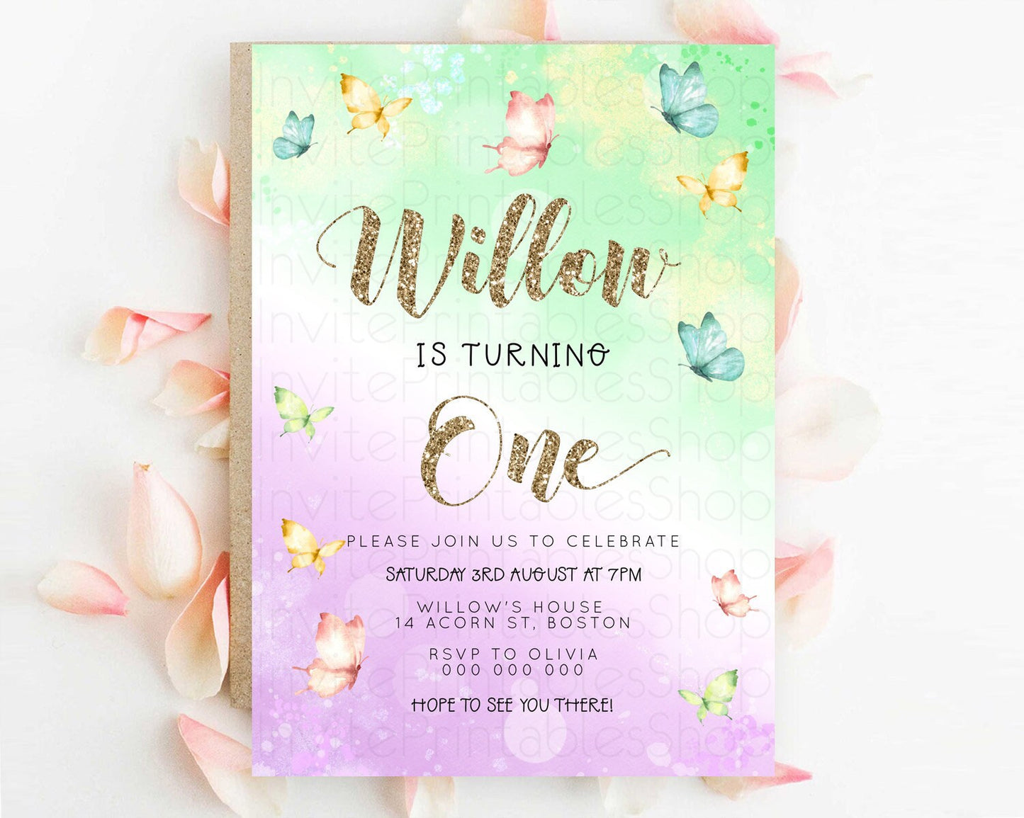 Pastel Butterfly Birthday Invitation Butterfly Birthday Invitation Colorful Splash Glitter Butterfly Garden 1st 2nd Birthday D23085