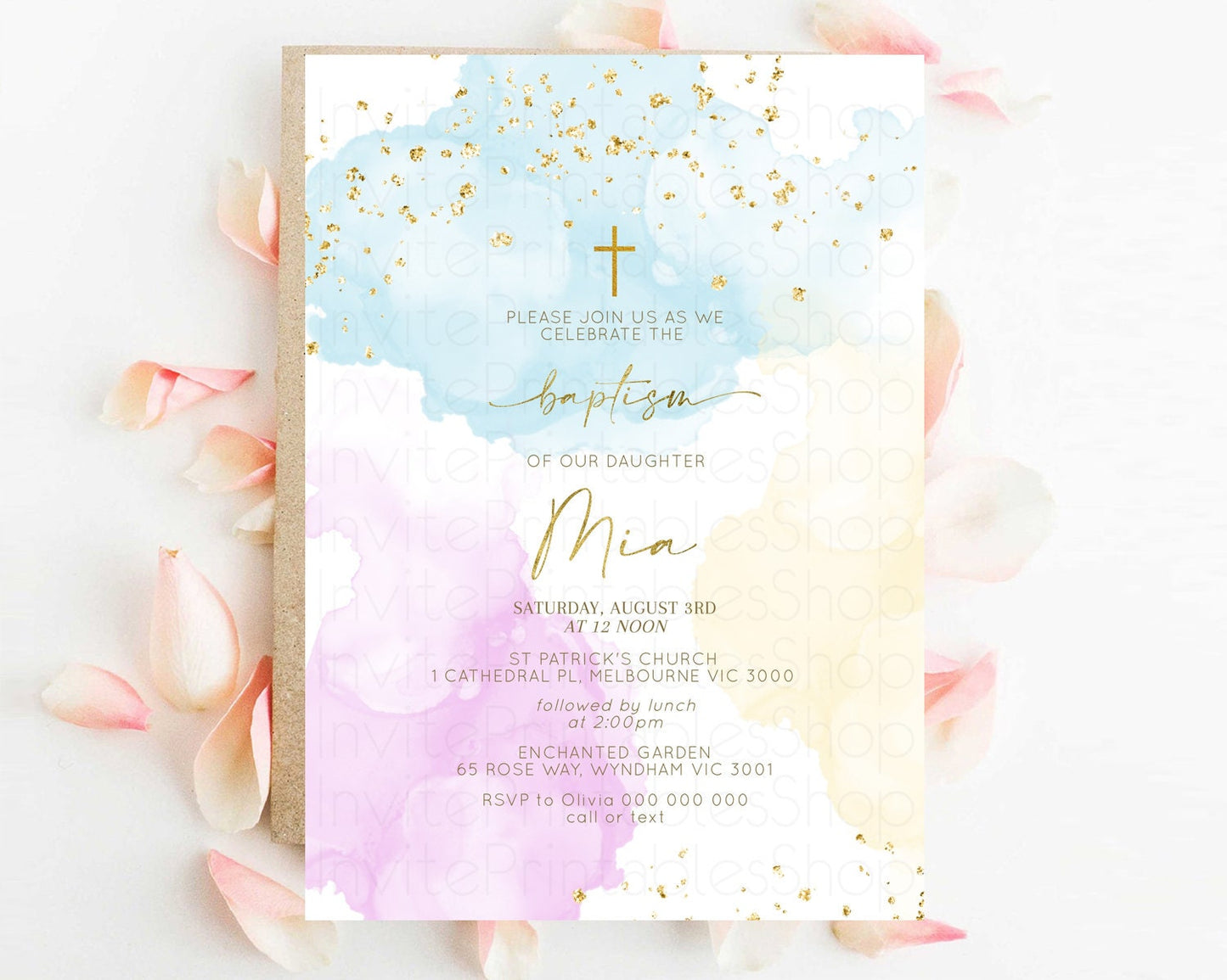 Rainbow Baptism invitation Pastel Rainbow Christening Invite Ombre Watercolor Invite Gold Glitter Sprinkle Splash Cross Religious 190V2