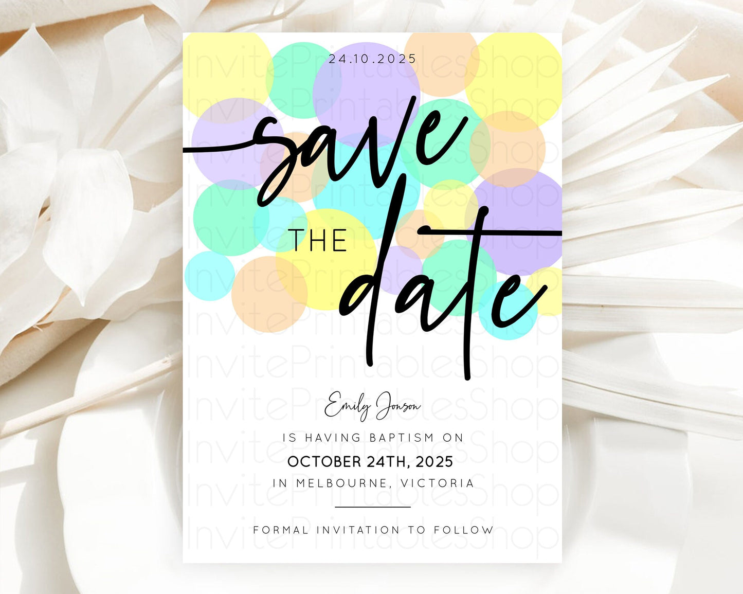 Pastel Confetti Save The Date Template Rainbow Colorful Sprinkles Party For 1st Birthday Baptism Baby Shower Wedding Bridal Shower D10415