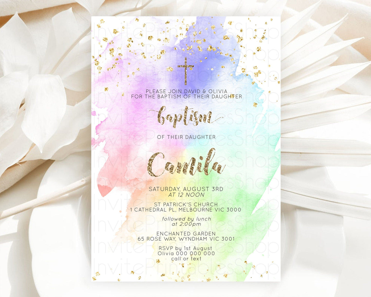Pastel Baptism Invitation Pastel Colors Watercolor Baptism 1st Birthday Party Gold Ombre Pastel Rainbow Christening Holy Communion D10319
