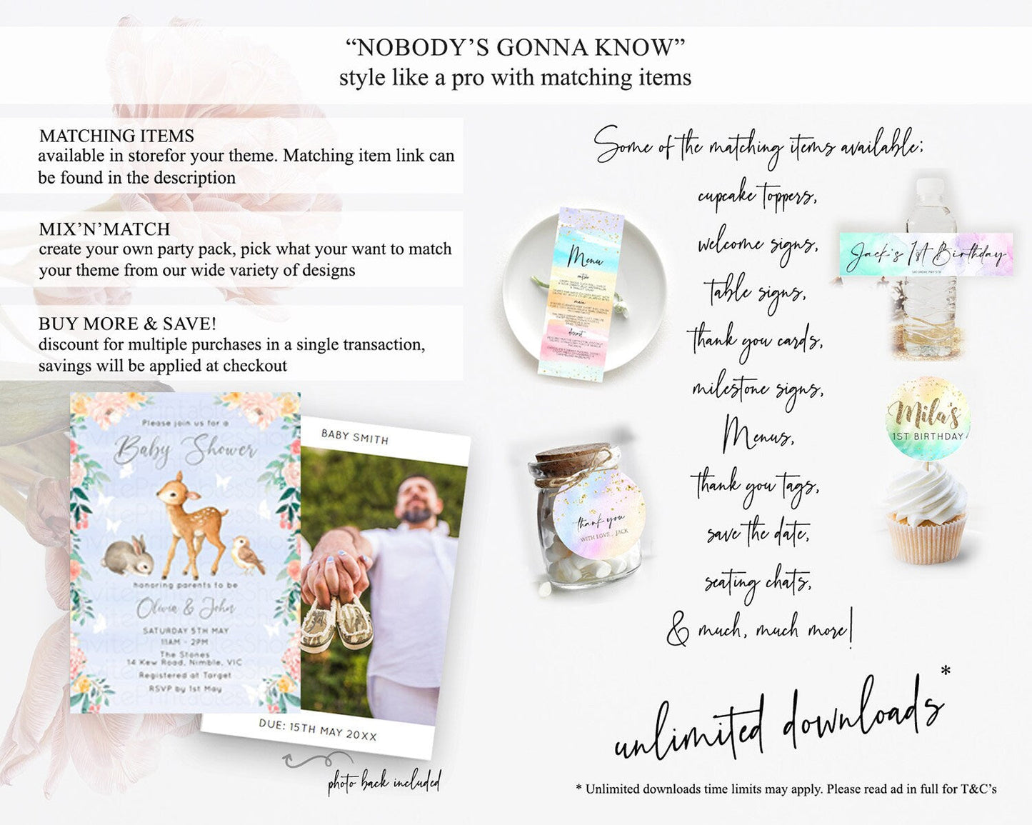 Deer Baby Shower Invitation, Whimsical Enchanted Forest Fawn and Butterflies, Soft Pastel Watercolor Blue, Pink Green Floral Accents D10920