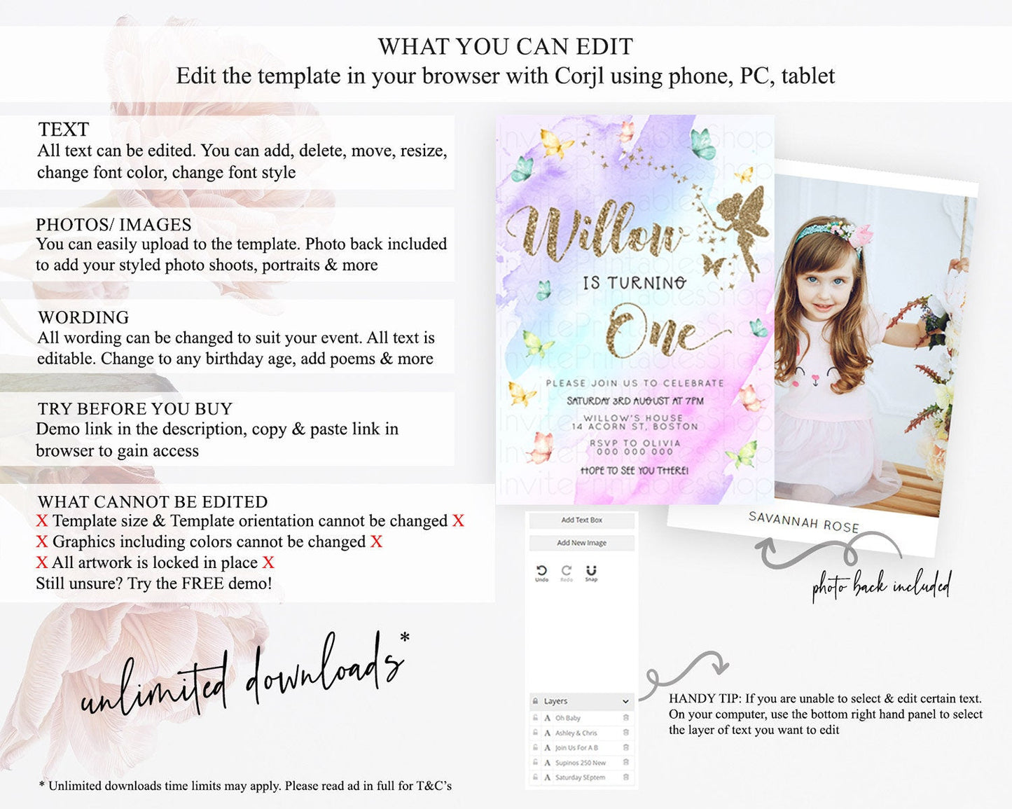 Pastel Fairy Birthday Invitation Pastel Butterflies Fairy Birthday Invitation Rainbow Ombre Watercolor 1st 2nd Birthday Invitation D23330