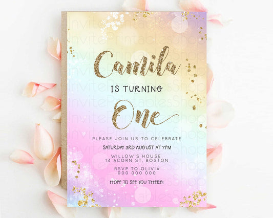 Editable Rainbow Birthday Invitation Colorful Pastel Watercolor Invitation G