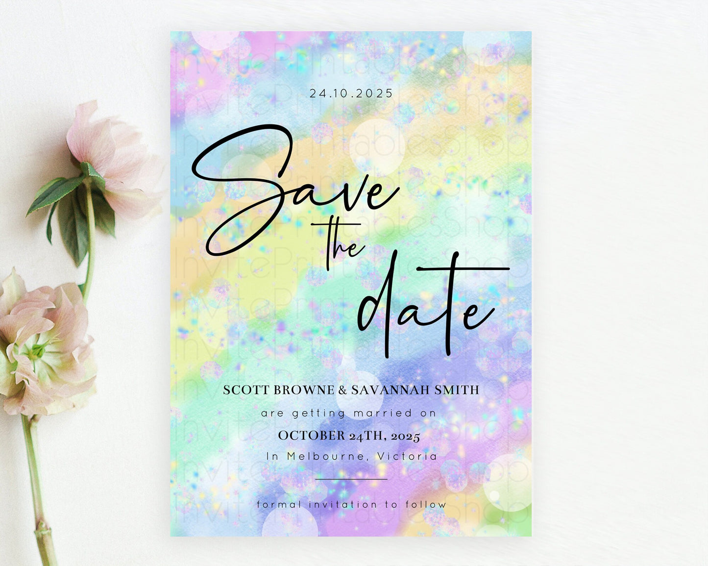 Colorful Save The Date Template Pastel Rainbow Watercolor Iridescent Ombre Party For 1st Birthday Baptism Baby Shower Bridal Shower D10689