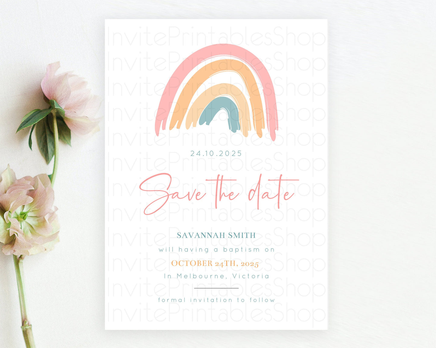 Pastel Rainbow Save The Date Template Boho Colorful Rainbow Party Rainbow Baby Theme For 1st Birthday Baptism Baby Shower Wedding D10351