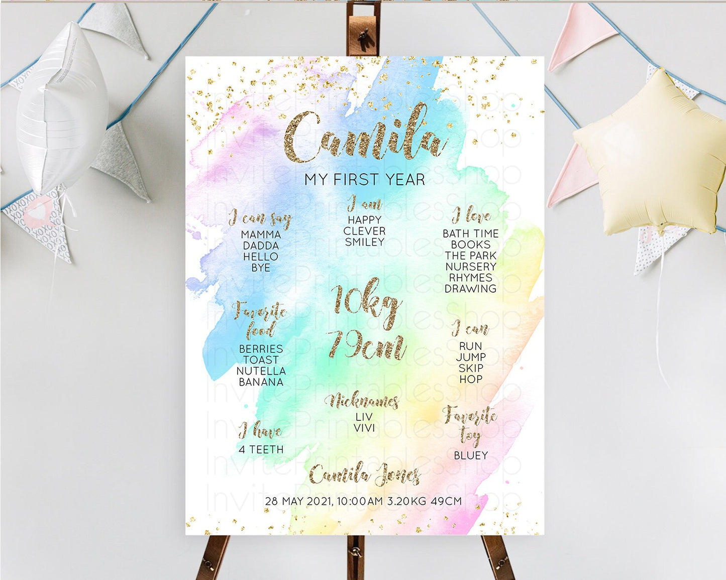 Pastel First Birthday Milestone Board Pastel Rainbow Milestone Poster Colorful Confetti Watercolor Glitter 1st Birthday Welcome Sign D10637