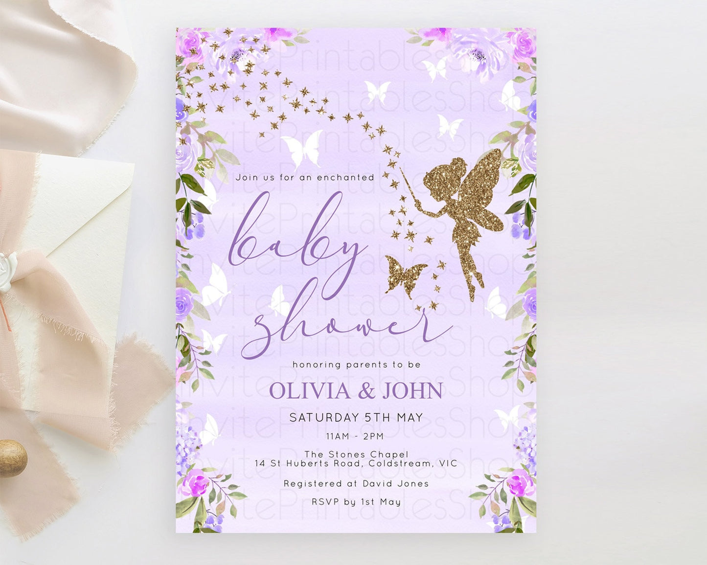 Fairy Baby Shower Invitation, Enchanted Fairy Garden, Secret Garden, Pixie Tea Party, Pastel Purple Flowers, Glitter and Butterflies D10910