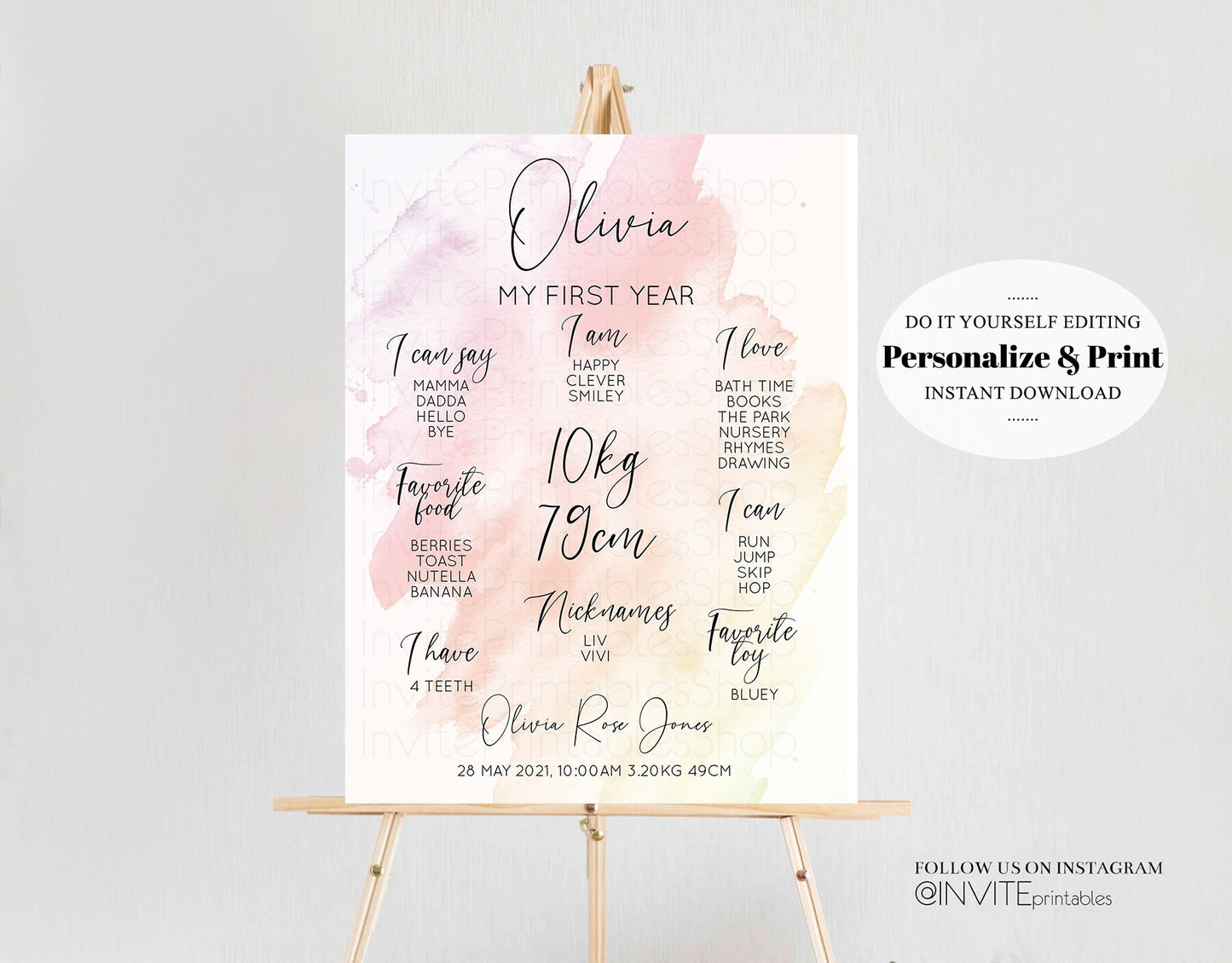 Watercolor Pink Baby Milestone Board First Birthday Poster Welcome Board 1st Birthday Baby Keepsake Milestone Sign Paint Splash Ombre 145