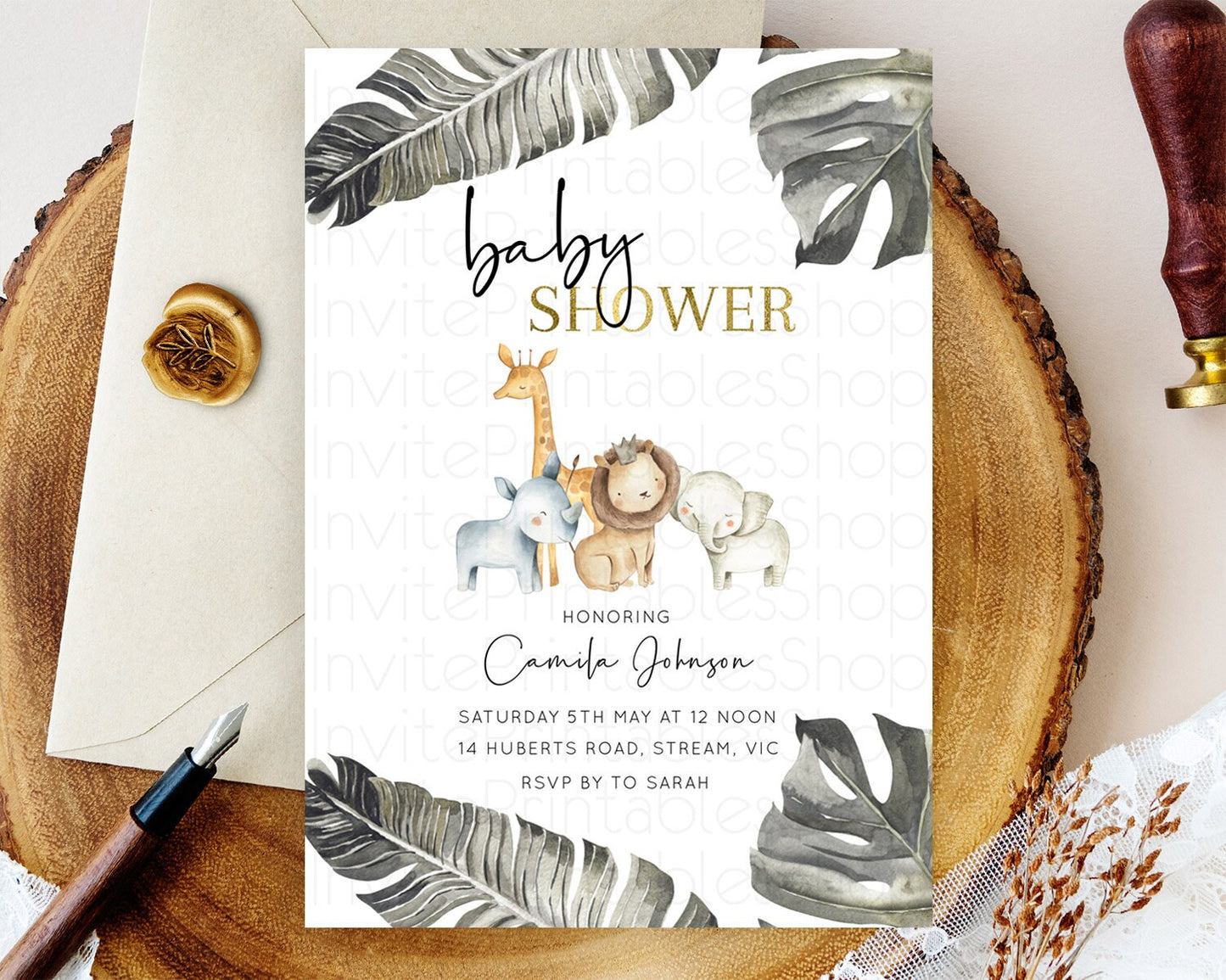 Safari Baby Shower Invitation Baby Lion Gorilla Elephant Rhino Invitation Tropical Palm Jungle Safari Adventure Baby Animals D10599