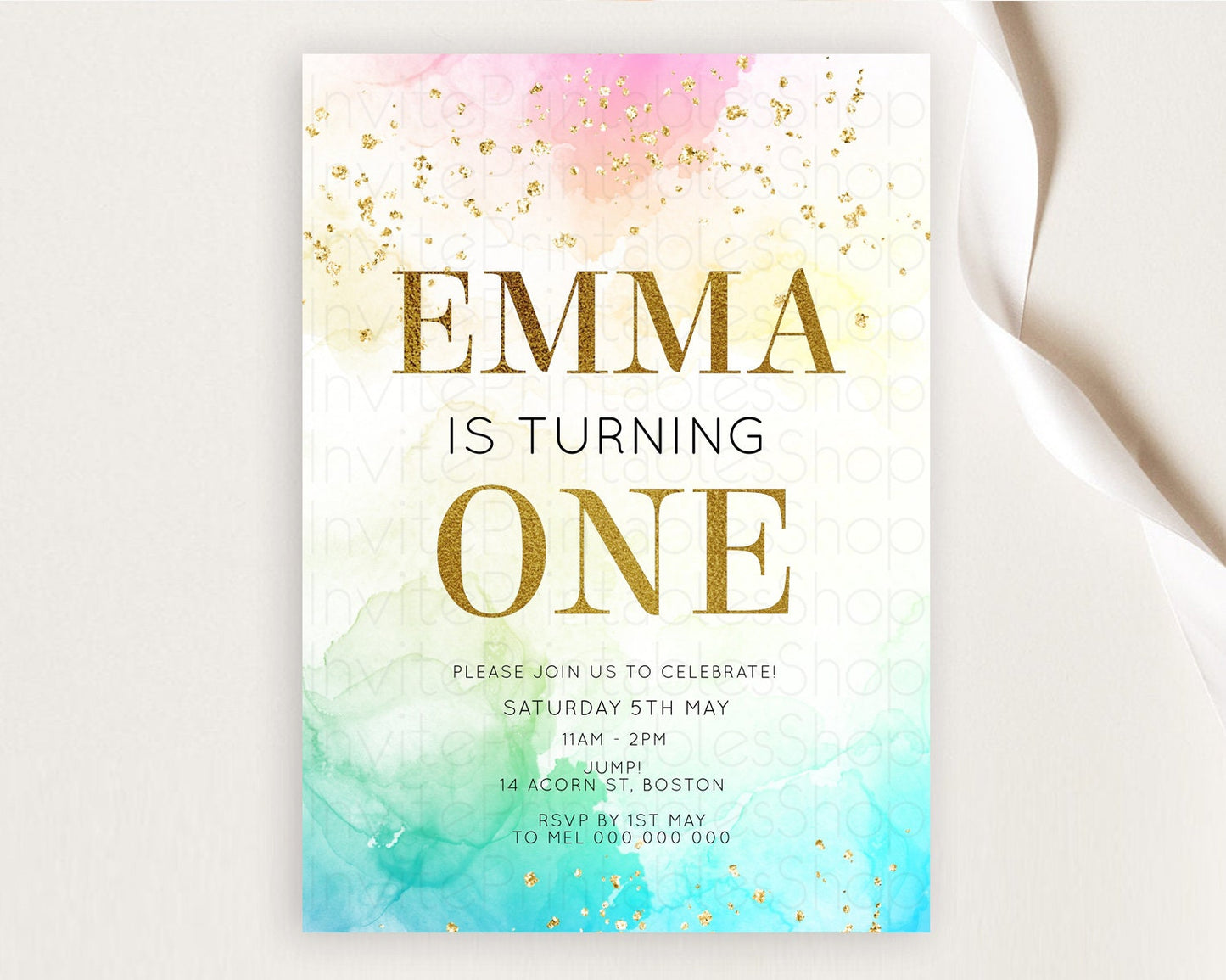 Rainbow Birthday Invitation Colorful Pastel Watercolor Invitation Gold Glitter Sprinkles Ombre Pastel 1st 2nd 3rd Birthday D10770