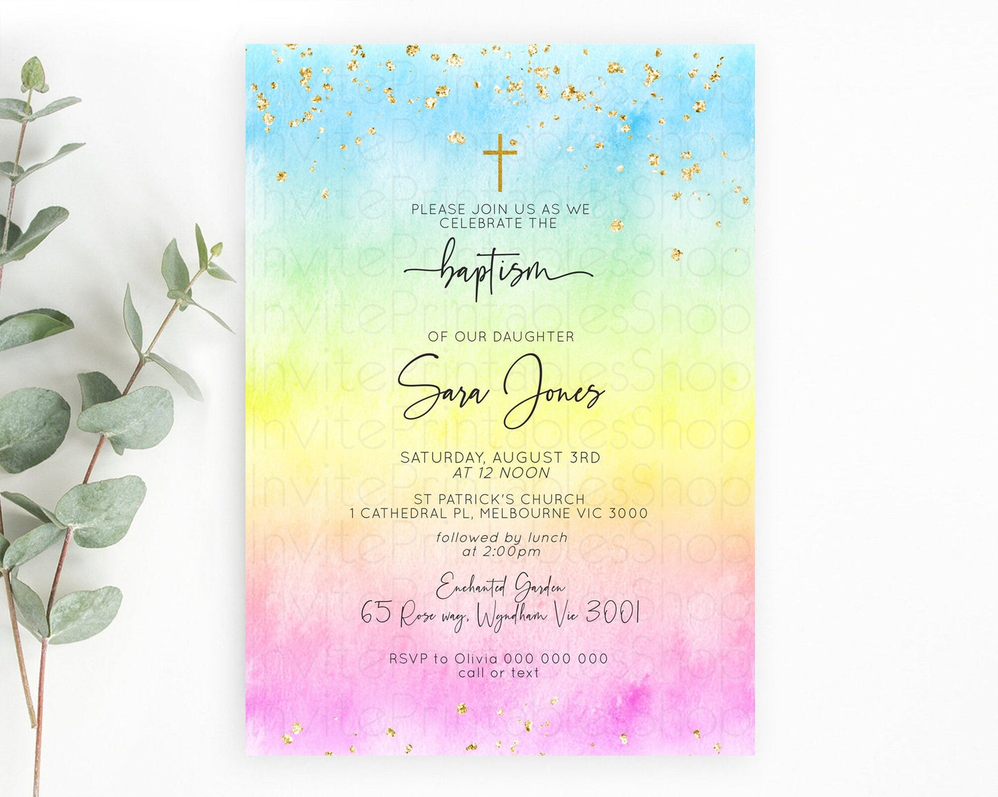 Pastel Baptism Invitation Pastel Colors Watercolor Baptism 1st Birthday Party Gold Ombre Pastel Rainbow Christening Holy Communion D10480