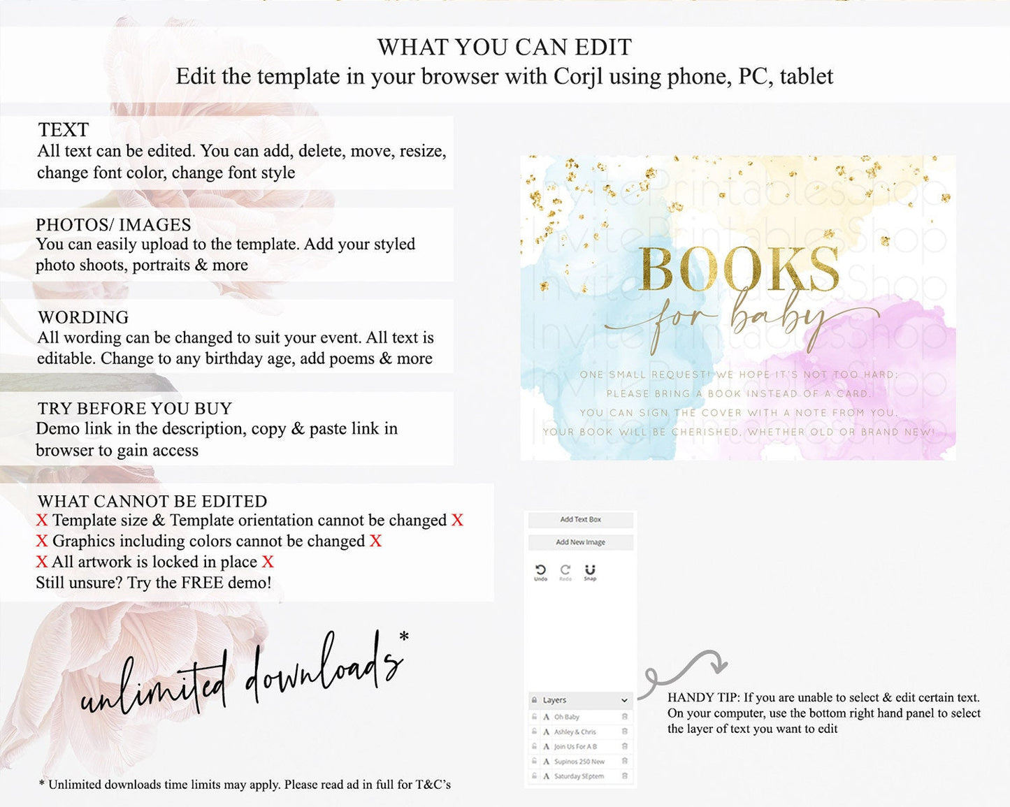 Pastel Books For Baby Card Pastel Rainbow Book Insert Colorful Ombre Watercolor Book Card Confetti Glitter Baby Book Poem Request D10204