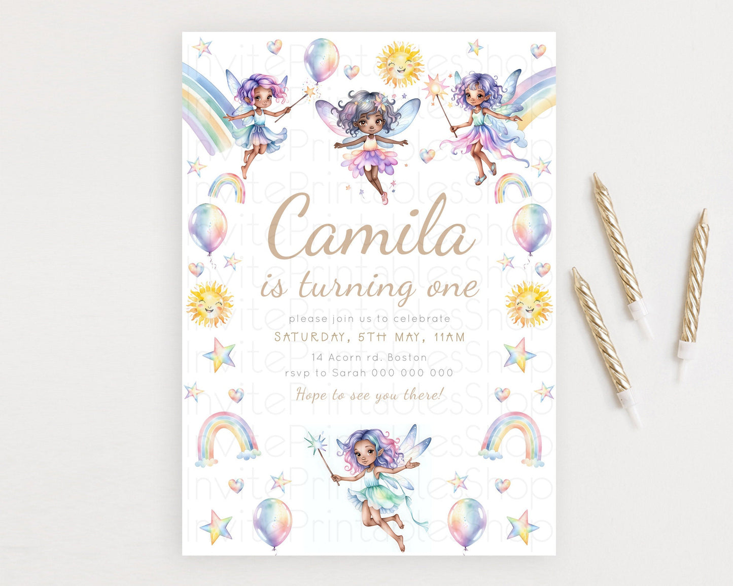 Rainbow Fairy Birthday Invitation Pastel Birthday Invitation Magical Pastel Fairy Party Theme Pastel Stars Heart Sun 1st 2nd Birthday D23374