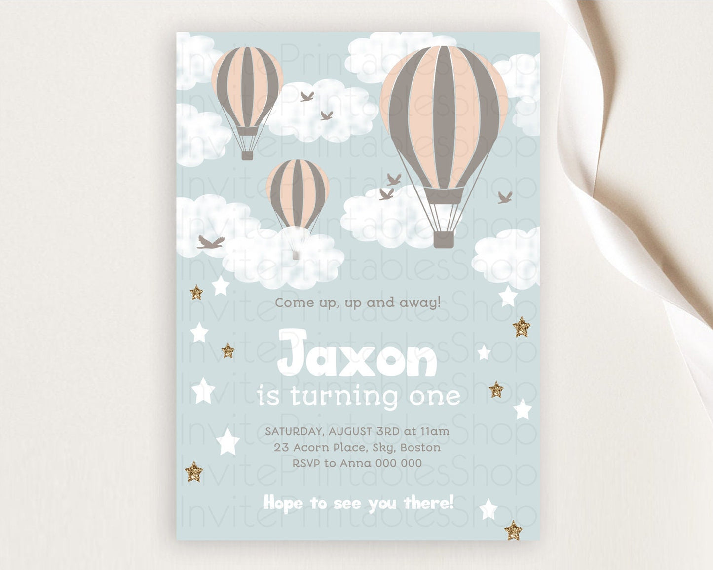 Hot Air Balloon Birthday Invitation Hot Air Balloon Invites Adventure Awaits Up Up & Away Glitter Blue Watercolor 1st Birthday Boy D10174