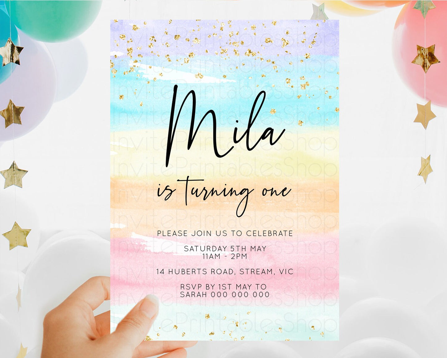 Rainbow Birthday Invitation Colorful Pastel Watercolor Invitation Gold Glitter Sprinkles Ombre Pastel 1st 2nd 3rd Birthday D10505