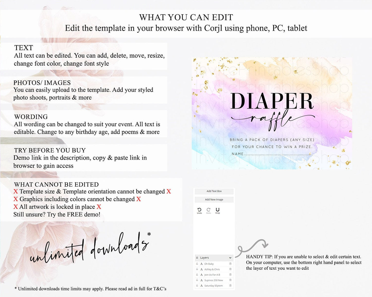 Pastel Diaper Raffle Card Pastel Rainbow Diaper Raffle Insert Colorful Ombre Watercolor Diaper Ticket Confetti Glitter Raffle Game D10175