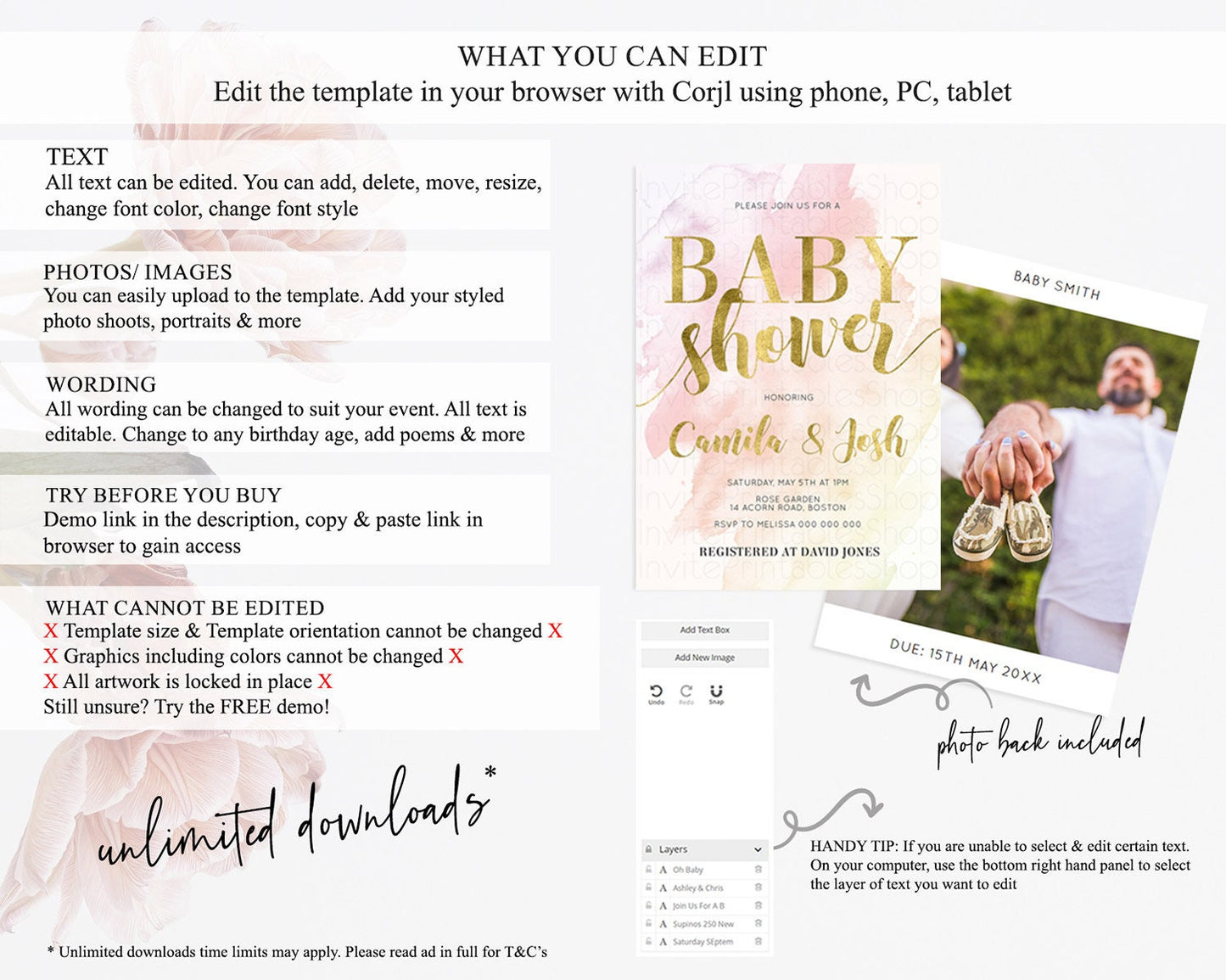 Pink Baby Shower Invitation Pink Watercolor Baby Shower Invitation Pastel Pink Watercolor Invitation Pink Splash Gold Invitation D11025