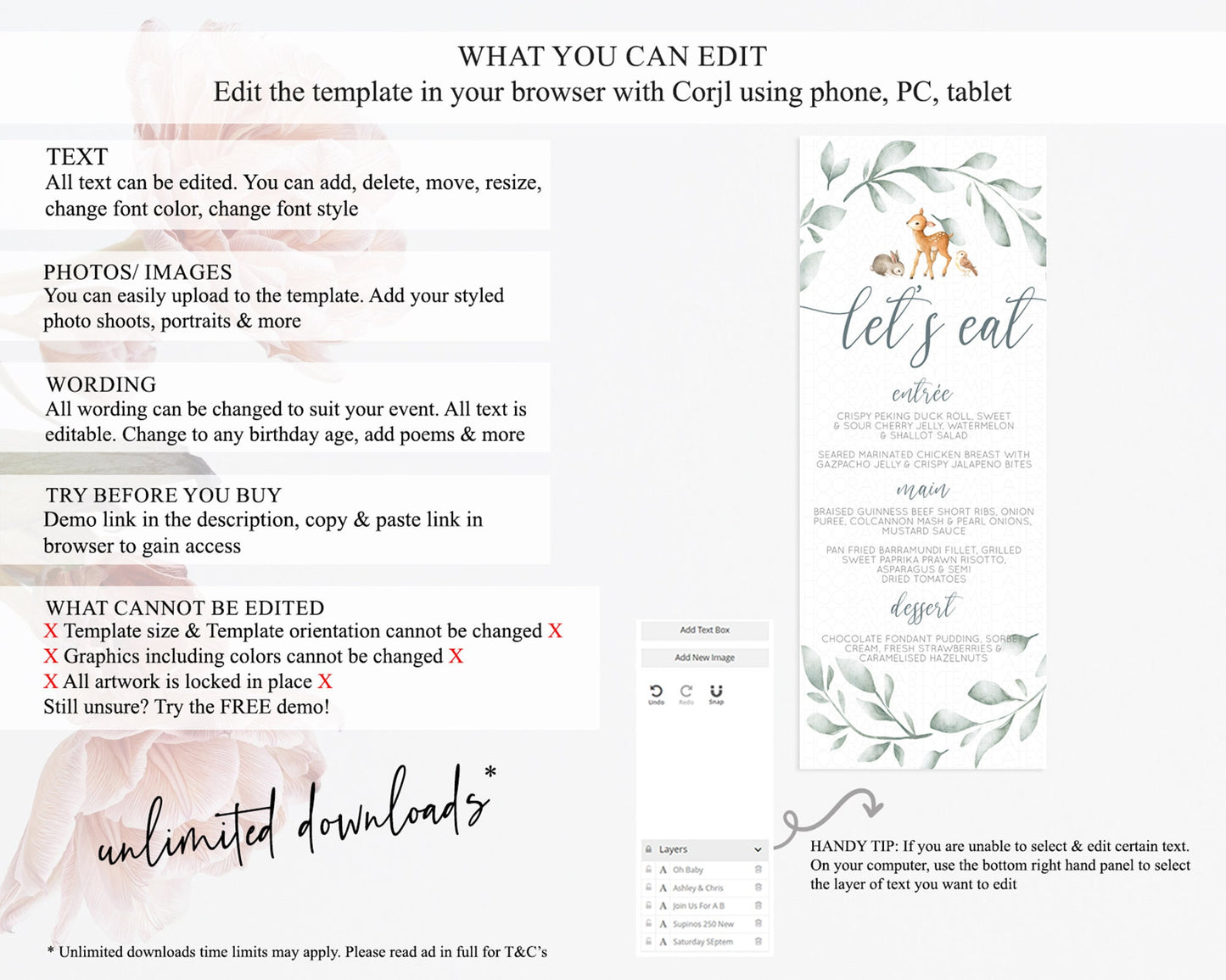 Fawn Menu Deer Menu Template Pastel Floral Deer Table Decor Enchanted Forest Butterfly Floral Dinner Dessert Menu Party Food Menu D10872