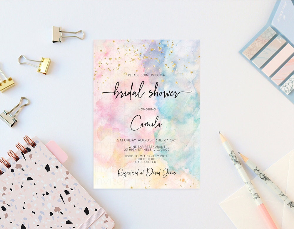 Pastel Bridal Shower Invitation Pastel Watercolor Bridal Shower Invite Rainbow Bridal Shower Invite Colorful Invite Gold Glitter Invite