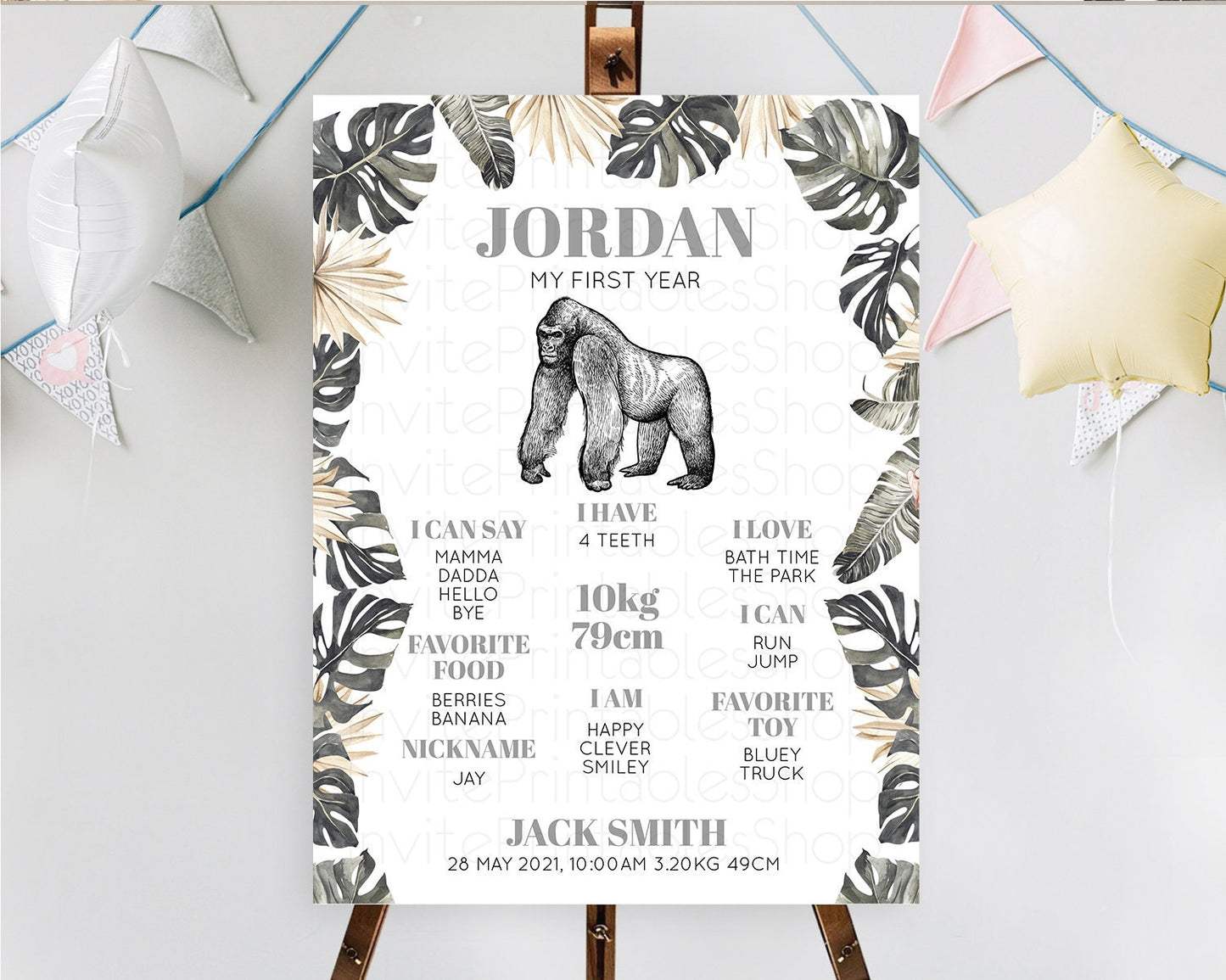 Gorilla First Birthday Milestone Board Gorilla Milestone Poster Gorilla Decor Safari Adventure Gorilla First Birthday Welcome Sign D10825