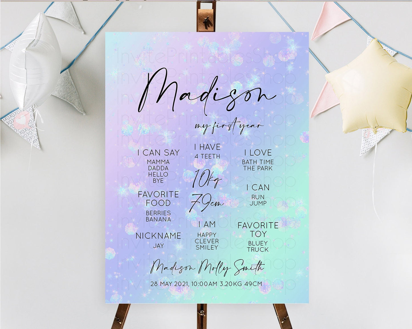 Rainbow First Birthday Milestone Poster Colorful Pastel Watercolor Iridescent Sprinkles Ombre Pastel Milestone Board First Birthday D10663