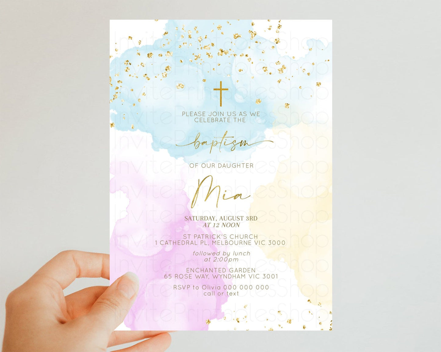 Rainbow Baptism invitation Pastel Rainbow Christening Invite Ombre Watercolor Invite Gold Glitter Sprinkle Splash Cross Religious 190V2