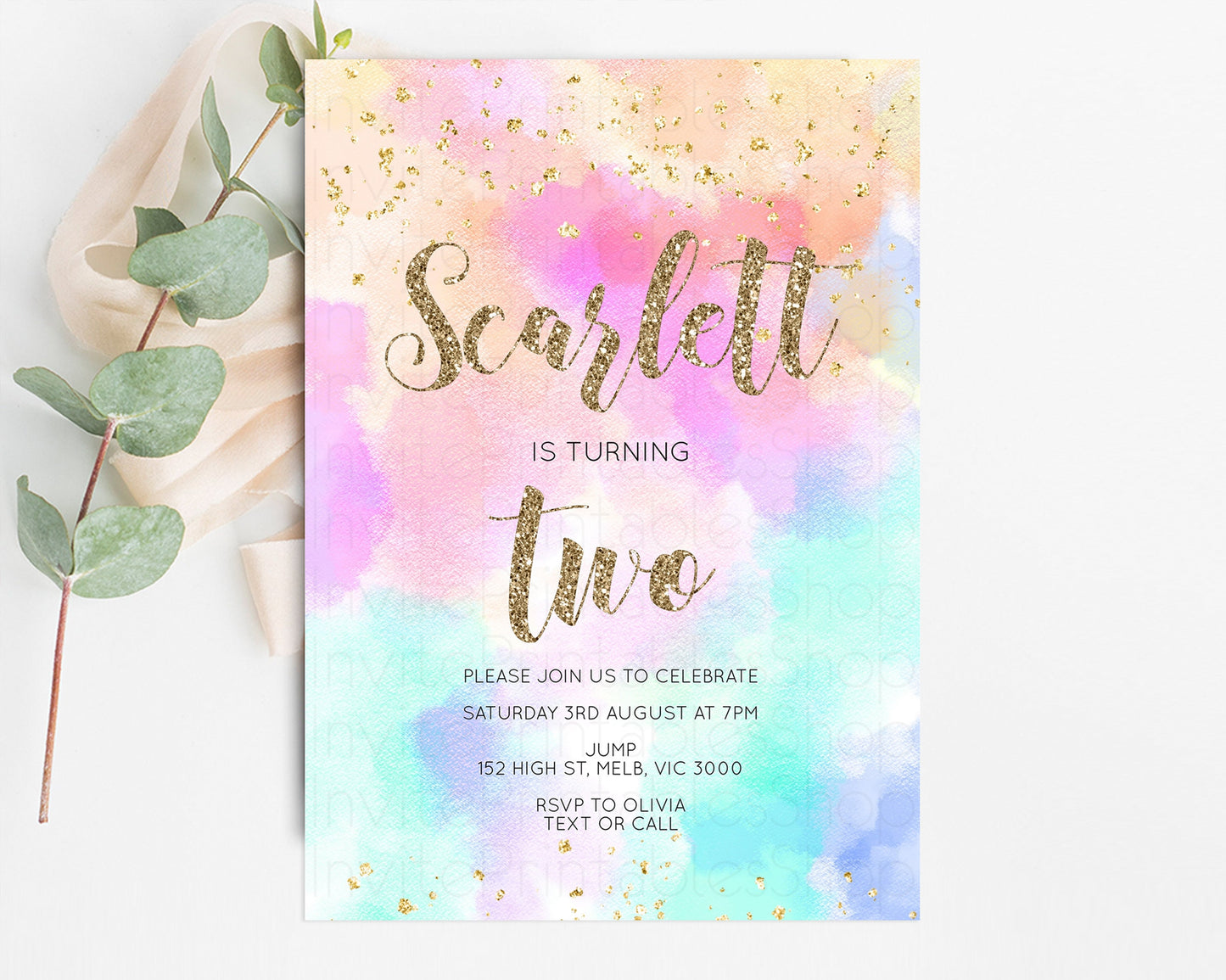 Rainbow Birthday Invitation Pastel Birthday Invite Ombre Watercolor Invite Enchanted Theme Colorful Splash Glitter Sprinkles 1st 2nd 3rd