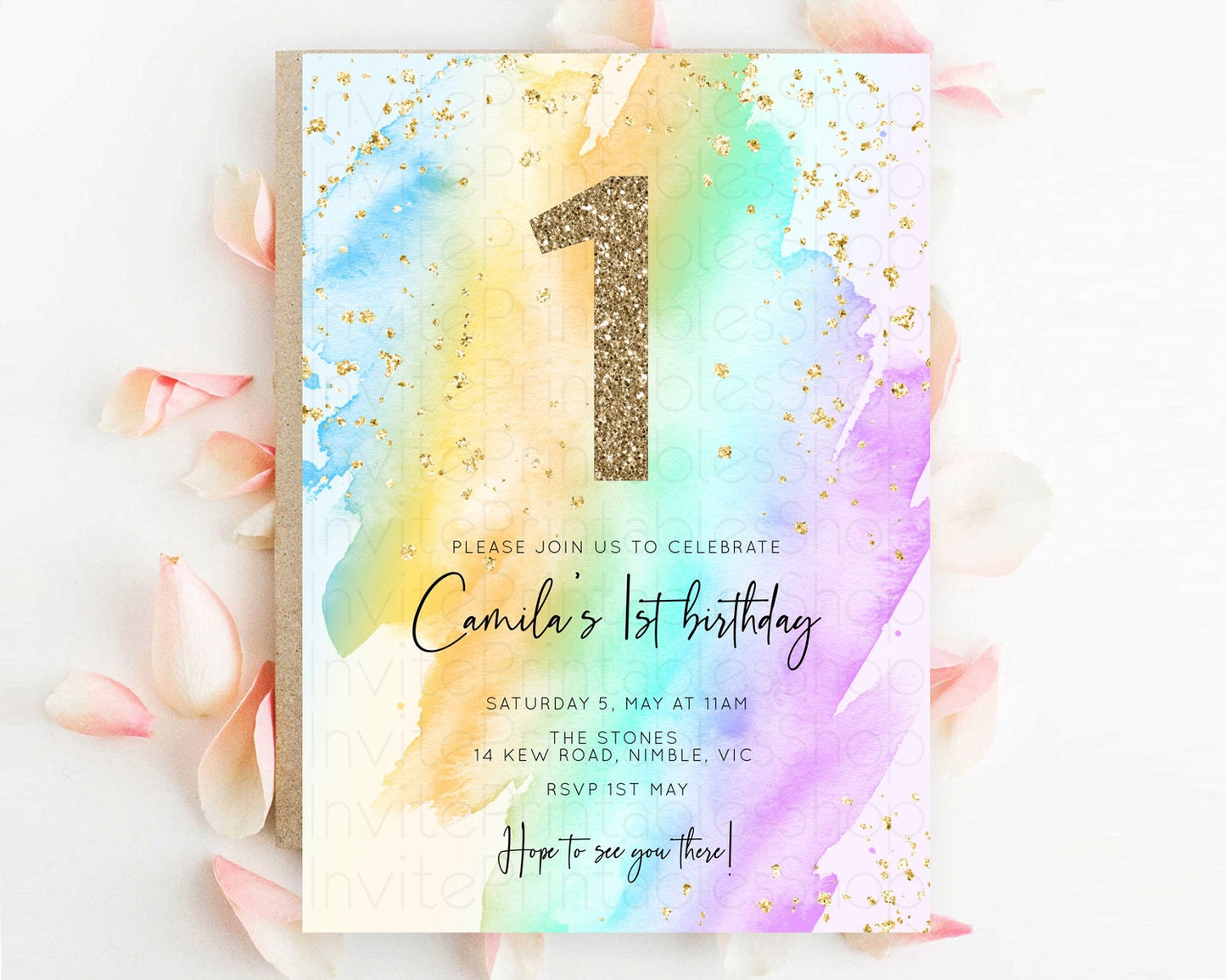 Rainbow Birthday Invitation Colorful Pastel Watercolor Invitation Gold Glitter Sprinkles Ombre Pastel 1st 2nd 3rd Birthday D10425