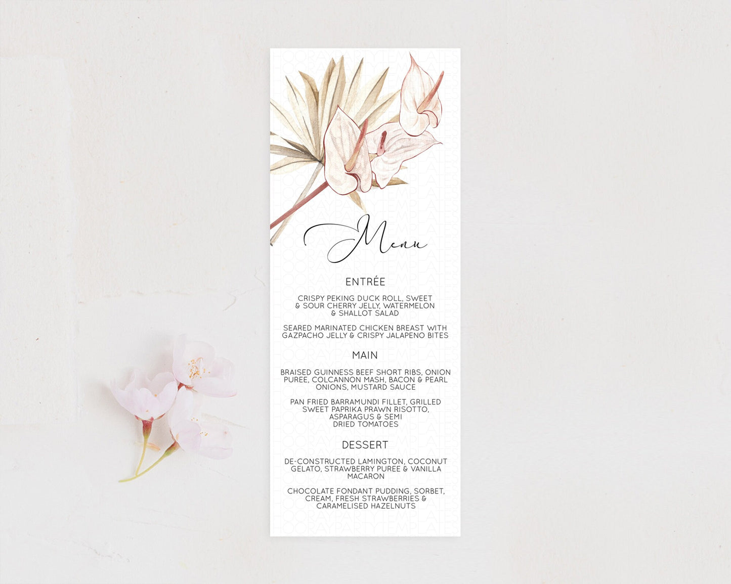 Tropical Menu Template Tropical Menu Palm Leaf Fern Table Decor Frangipani Floral White Orchid Dinner Dessert Menu Party Food Menu D11039