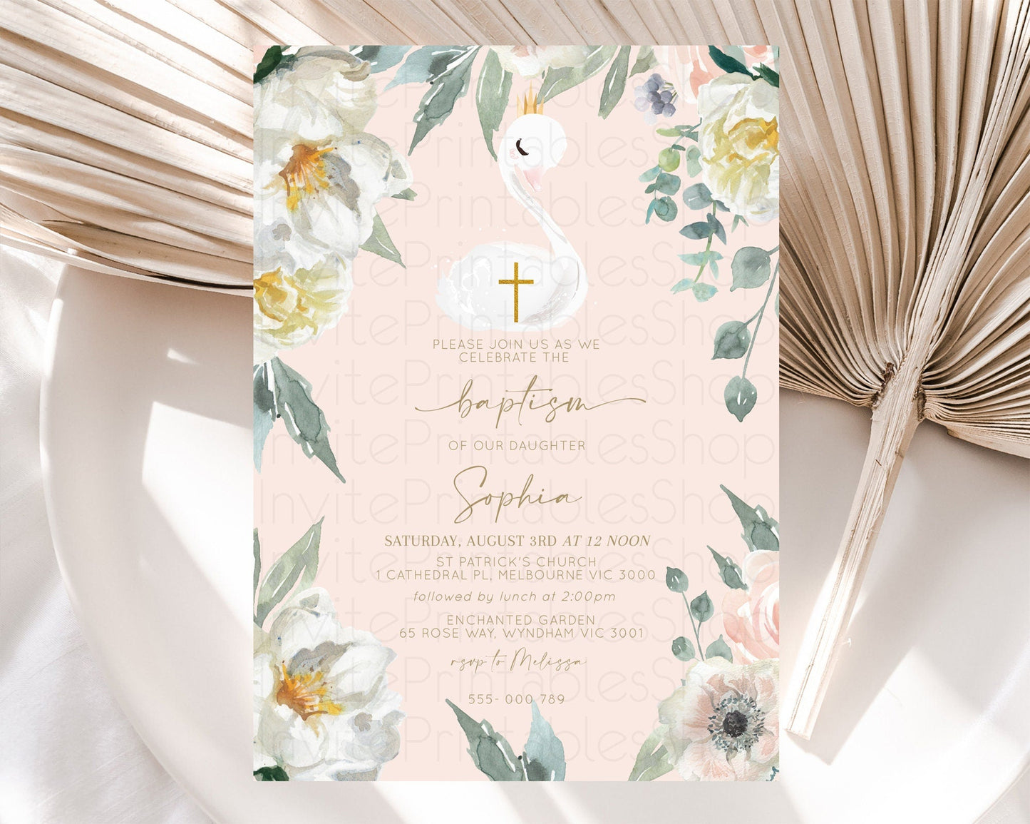 Swan Lake Baptism Invitation Swan Princess Ballet Baptism 1st Birthday Enchanted Forest Secret Garden Watercolour Pastel Floral D10115