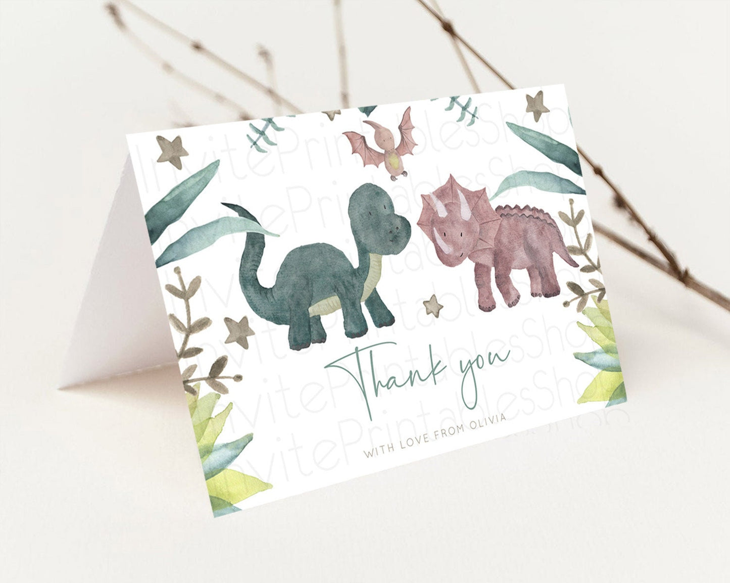 Dinosaur Thank You Dinosaur Volcano Thank You Card Dinosaur Birthday Card Watercolor Volcano T-Rex Raptor Jurassic Teacher Thank You D10597