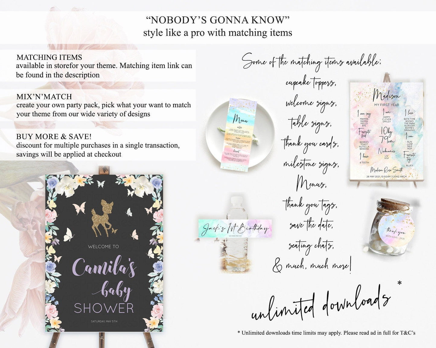 Fawn Baby Shower Welcome Sign Deer Welcome Board Floral Deer Welcome Poster Enchanted Forest Butterfly Pastel Floral Welcome Sign D10880