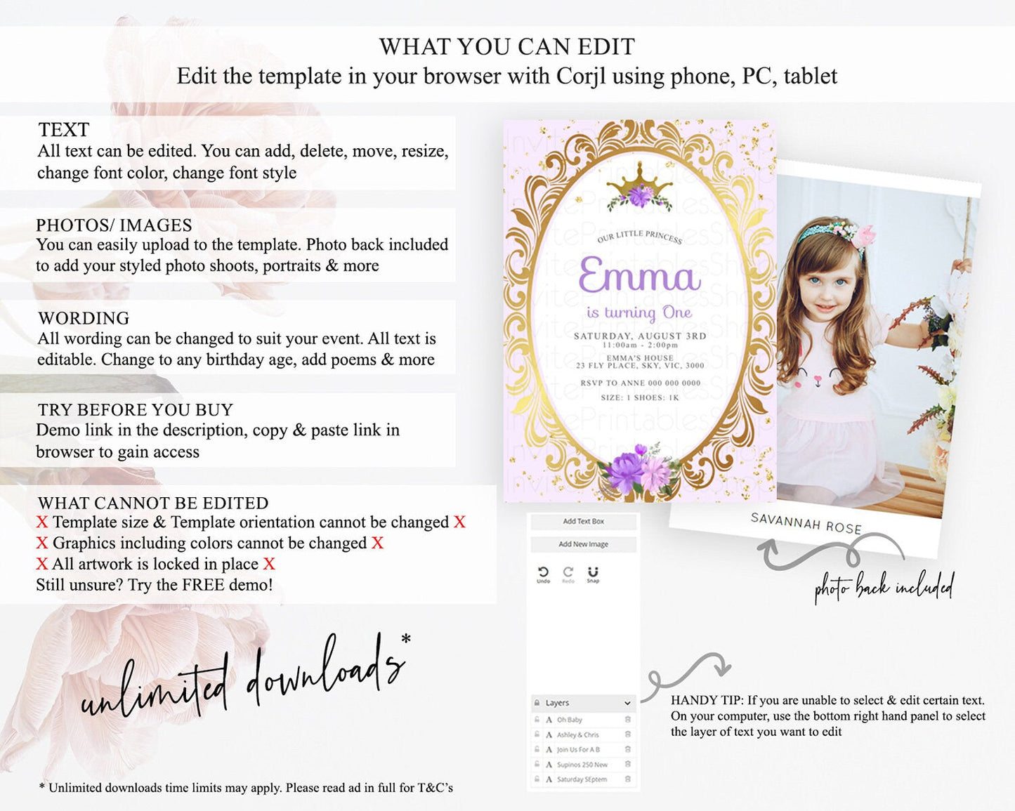 Princess Birthday Invitation Castle Invitation Royal Birthday Fairy Tale Enchanted Mirror Pastel Floral Garden 1st First Birthday D10138