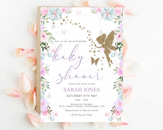 Fairy Baby Shower Invitation Fairy Garden Baby Shower Invitation Enchanted Garden Baby Shower Secret Garden Glitter Pastel Floral D10475