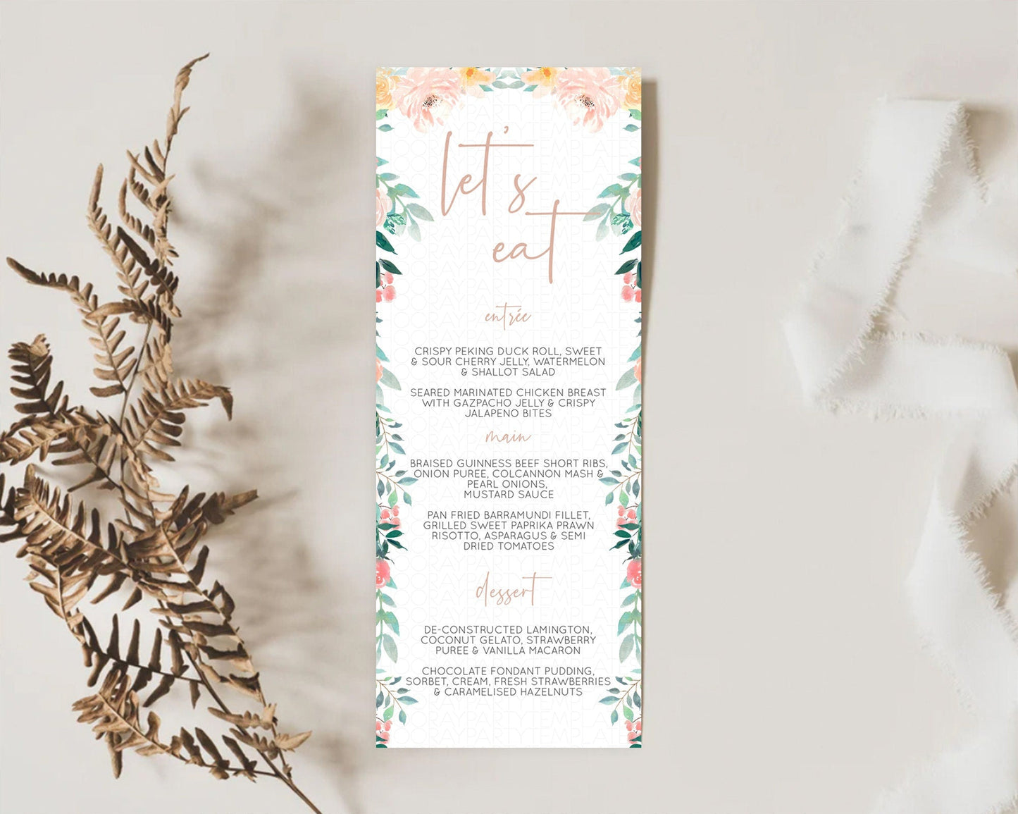 Secret Garden Menu Wildflower Menu Template Pastel Flower Garden Table Decor Boho Floral Dinner Dessert Floral Party Food Menu D10706