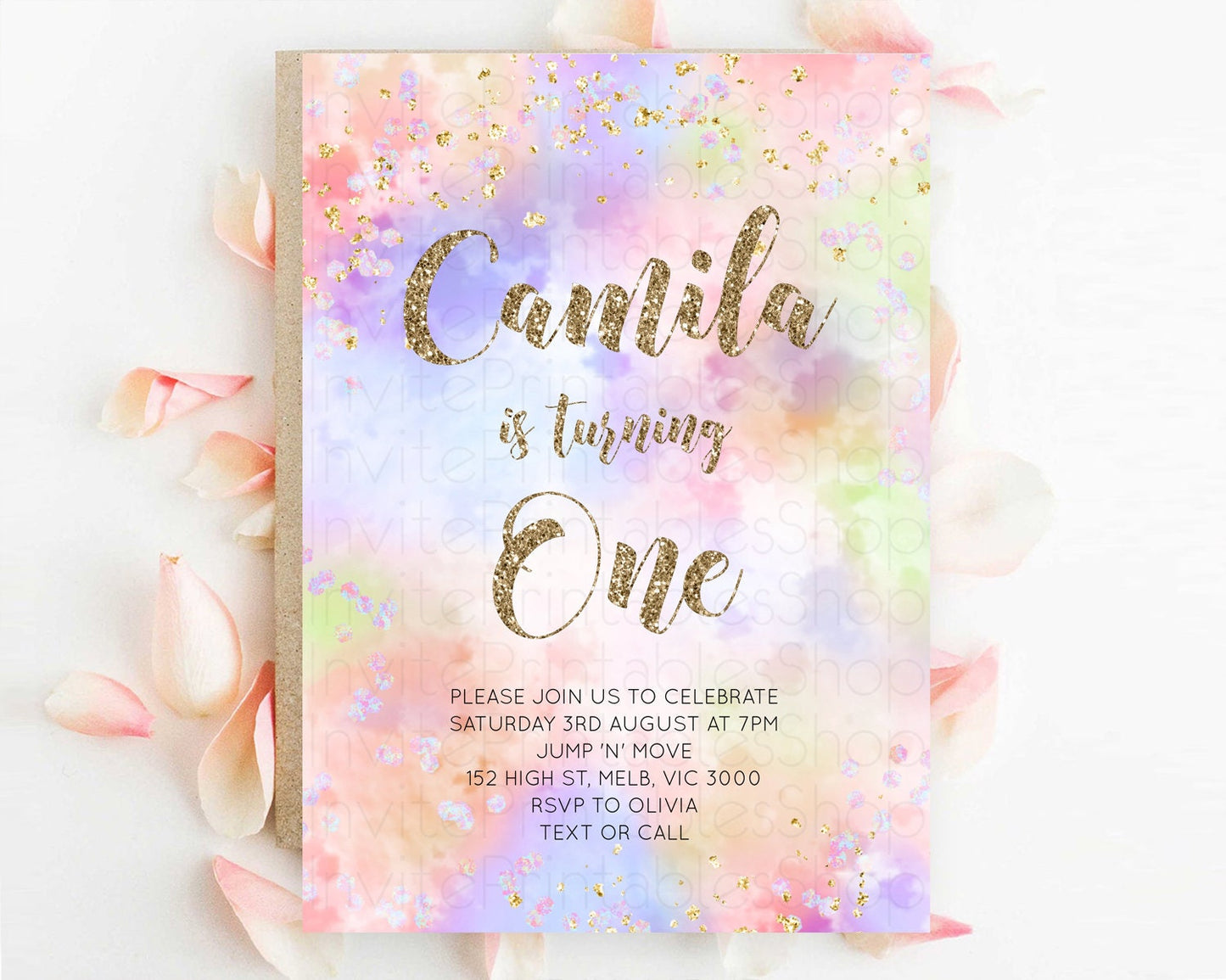 Rainbow Birthday Invitation Colorful Pastel Watercolor Invitation Gold Glitter Sprinkles Ombre Pastel 1st 2nd 3rd Birthday D11019