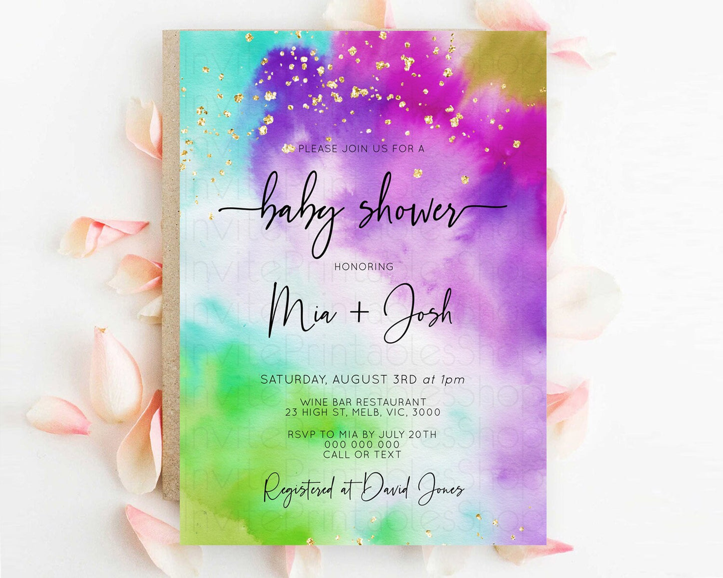 Pastel Baby Shower Invitation Rainbow Baby Shower Invitation Colorful Pastel Watercolor Invitation Gold Glitter Sprinkles Ombre D10536