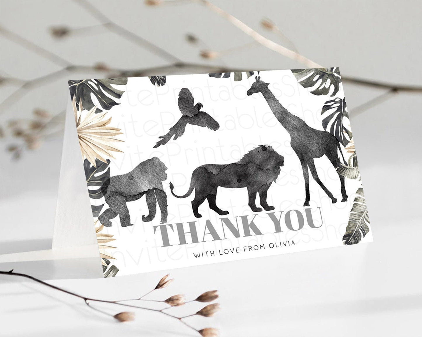 Safari Thank You Safari Thank You Cards Lion Gorilla Elephant Rhino Tropical Palm Zoo Birthday Thank You Safari Teacher Thank You D10865