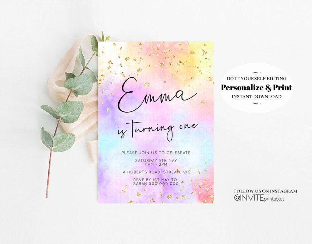 Rainbow Birthday Invitation Ombre Pastel Invitation Colorful Watercolor Splash Invite Gold Glitter Sprinkles Printable Digital Invite 499