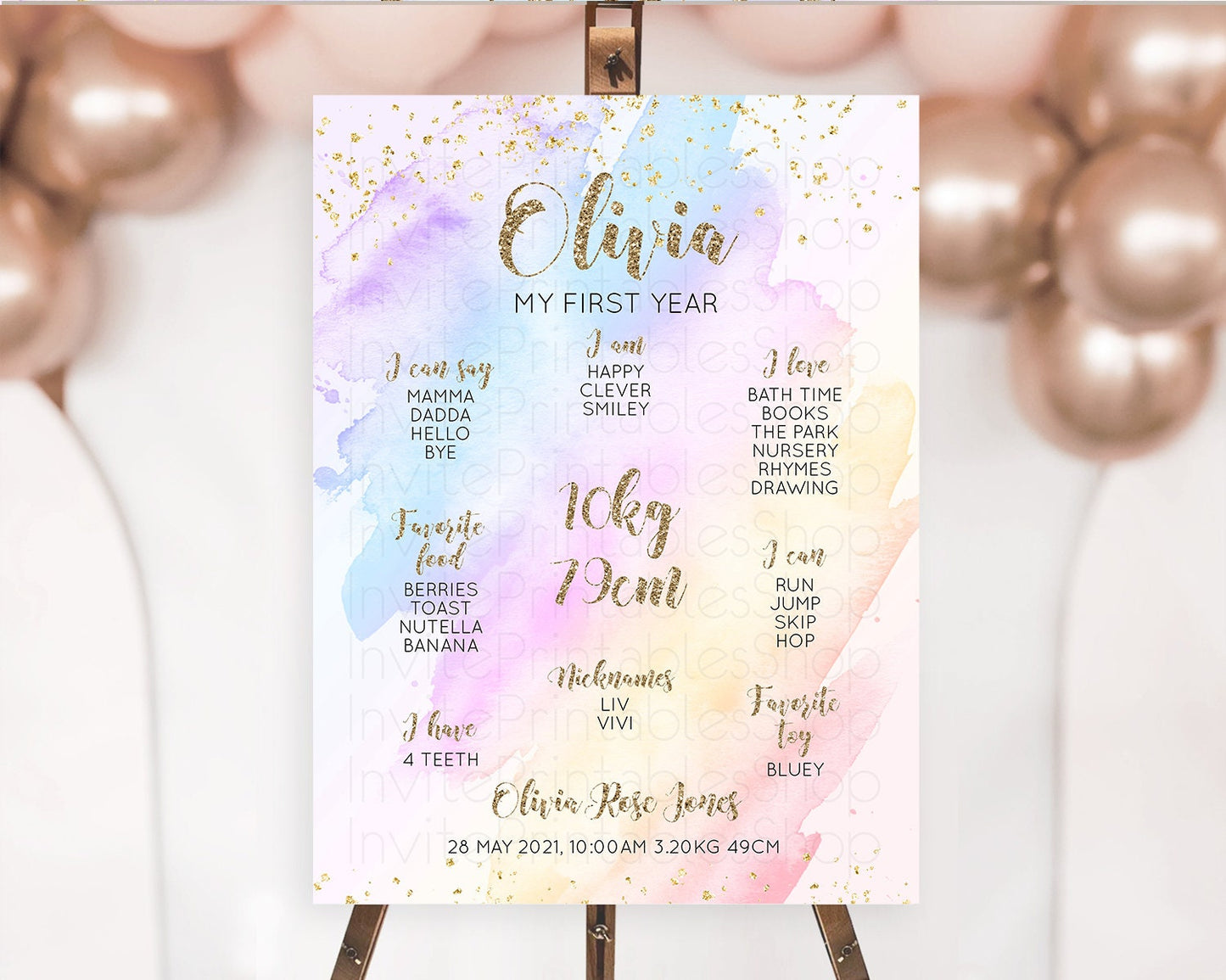Pastel First Birthday Milestone Board Pastel Rainbow Milestone Poster Colorful Confetti Watercolor Glitter 1st Birthday Welcome Sign D10633