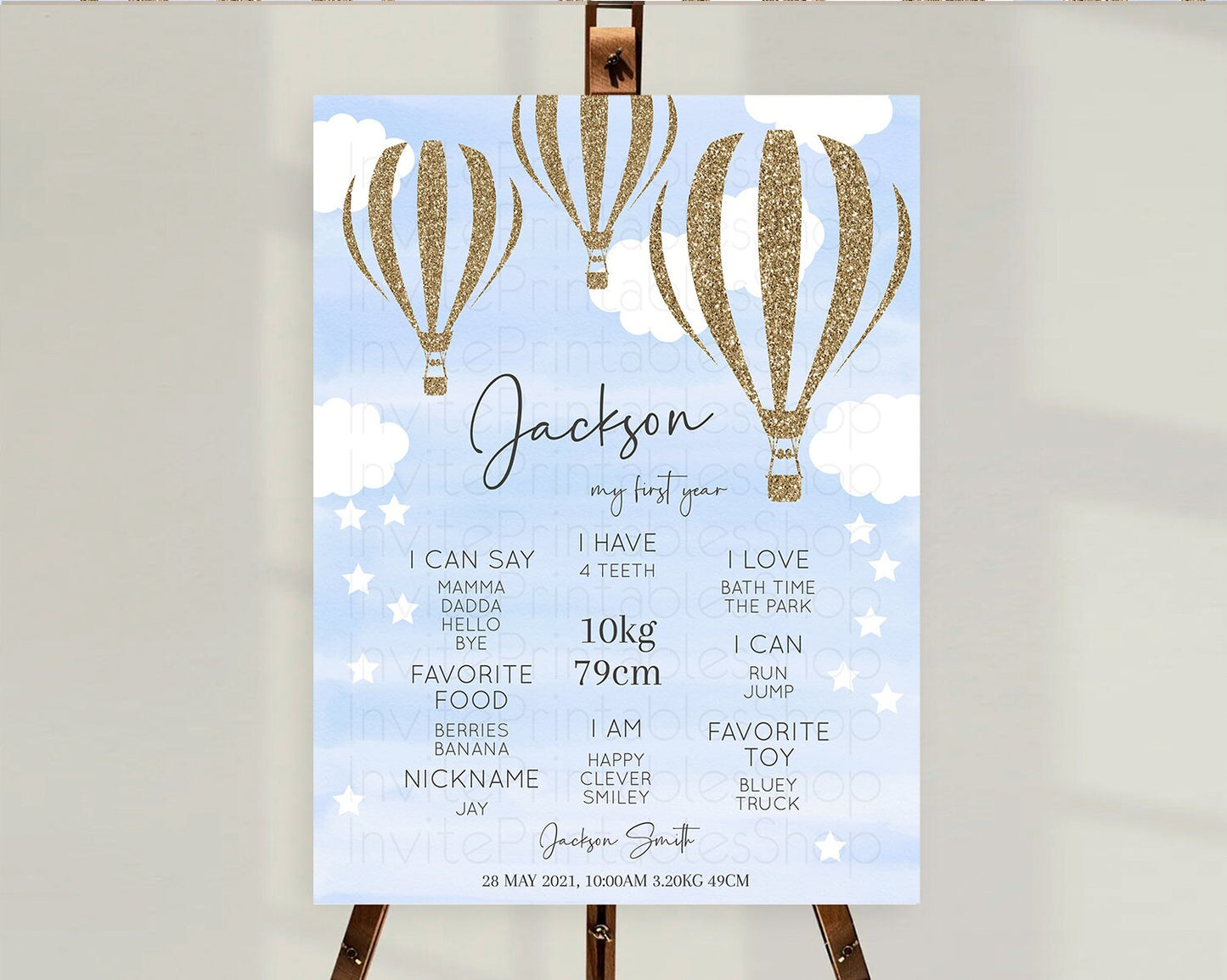 Hot Air Balloon First Birthday Milestone Poster Hot Air Balloon Milestone Board Adventure Awaits Blue Watercolor 1st Birthday Boy D10333