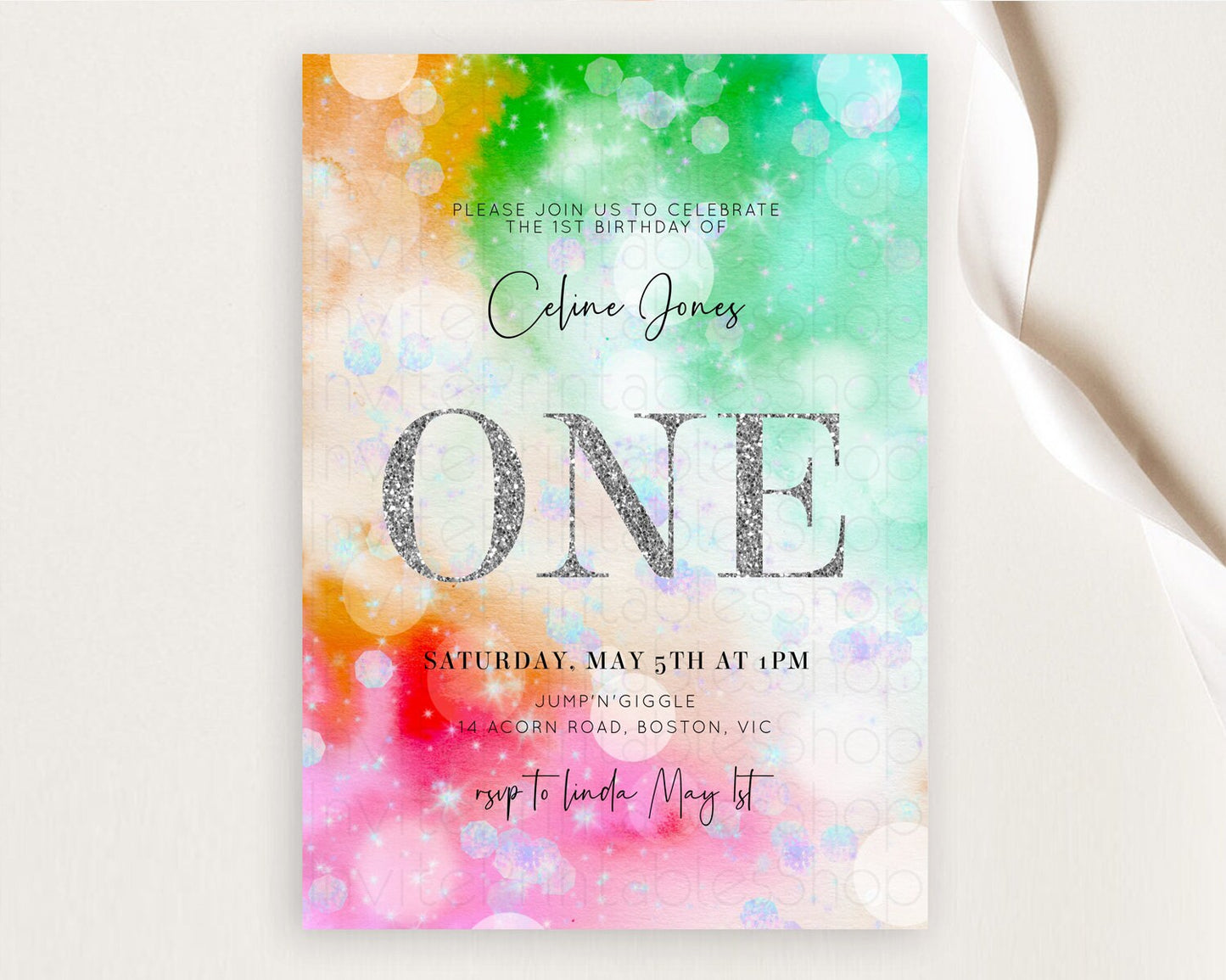 Rainbow Birthday Invitation Colorful Pastel Watercolor Silver Glitter Sprinkles Ombre Pastel Invitation 1st 2nd 3rd First Birthday D10691