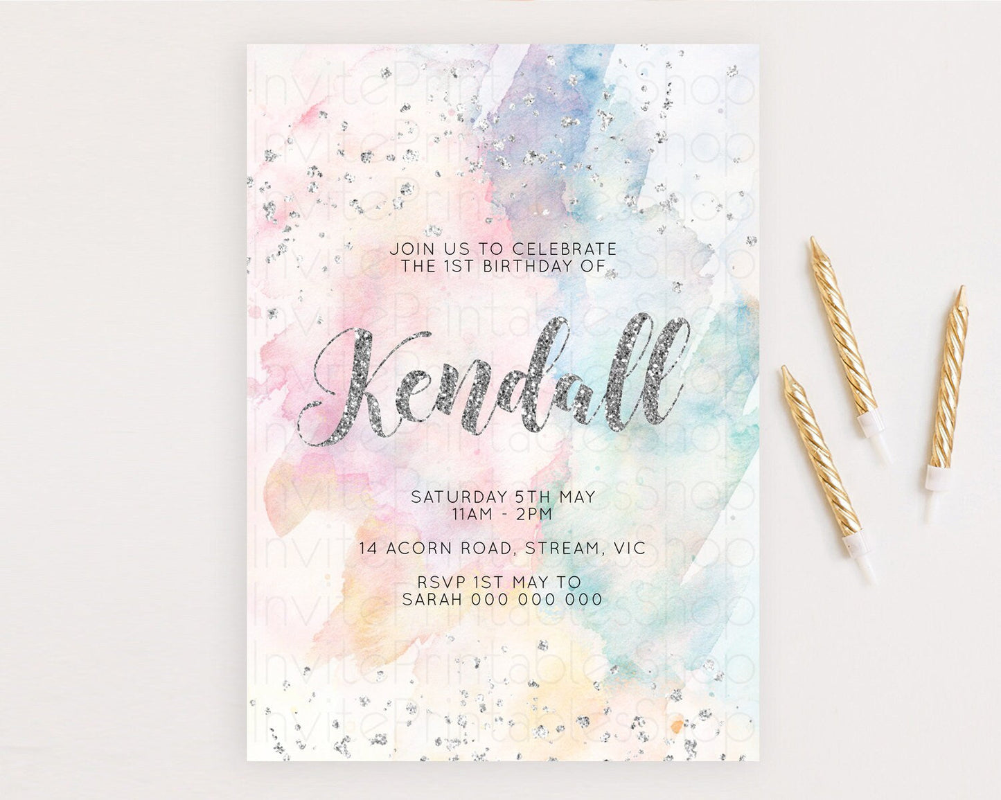 Rainbow Birthday Invitation Colorful Pastel Watercolor Silver Glitter Sprinkles Ombre Pastel Invitation 1st 2nd 3rd First Birthday D10944