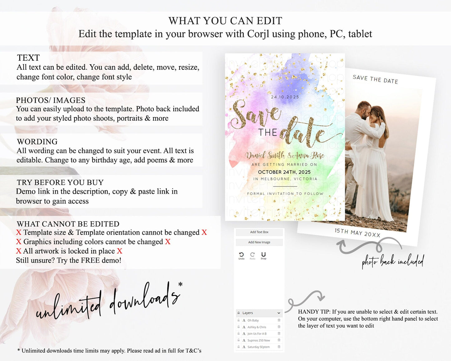 Pastel Save The Date Template Pastel Ombre Rainbow Watercolor Colorful Party For Birthday Baptism Baby Shower Wedding Bridal Shower D10319